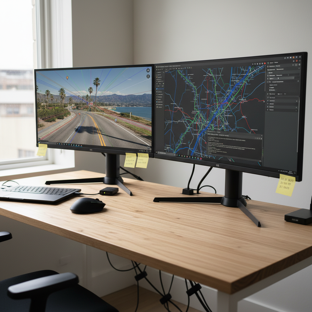 A dual-monitor workstation in a minimalist home office, both ultra-wide screens displaying detailed Street View imagery and an open-source map editor interface with vector layers and GPS tracks. A matte-black laptop, precise laser mouse, and small GNSS receiver sit on a clean wooden desk with a subtle grain pattern. Soft, diffused daylight from a side window illuminates the workspace, reflecting gently off the monitor bezels and creating faint, controlled shadows. The mood is focused and methodical, evoking advanced geospatial analysis. Captured at a slightly elevated three-quarter angle with sharp focus across the frame, emphasizing cables neatly routed, a visible command-line terminal, and small sticky notes with coordinates. Photographic realism, clean and professional, ideal for a blog about advanced, legal techniques for obtaining and validating Street View imagery.