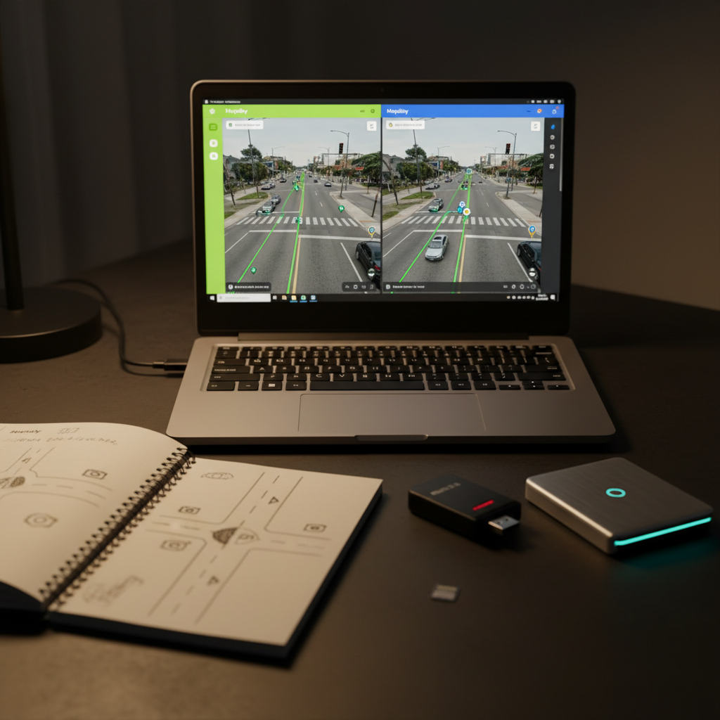 A close-up, ultra-detailed view of a laptop screen displaying a side-by-side comparison of two Street View platforms: one interface with a Mapillary-style green accent and another resembling Google Street View’s familiar layout, both centered on the same intersection. Around the laptop, a notepad with hand-drawn road segments and camera icons, a USB 3.0 card reader with a microSD card halfway inserted, and an external SSD with a subtle status LED glow rest on a dark, matte desk. Subtle evening desk-lamp lighting creates warm, focused illumination on the devices, with the rest of the room fading into gentle darkness. The atmosphere is analytical and slightly intense, highlighting unbiased evaluation of imagery sources. Shot at a shallow angle with a moderate depth of field, emphasizing the screens while keeping surrounding tools legible, in clean, professional photographic realism.