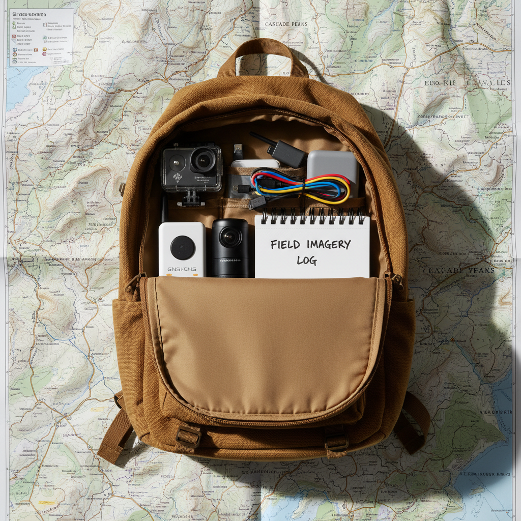 An overhead view of a rugged outdoor backpack unzipped on a detailed topographic paper map, revealing carefully organized geospatial gear: an action camera in a transparent protective case, a compact 360 camera, high-accuracy GNSS receiver, USB power banks, color-coded cables, and a notebook labeled “Field Imagery Log.” The map shows winding roads, contour lines, and place names with crisp clarity. Soft morning light from an unseen window creates gentle gradients across the fabric textures and laminated map surface, casting delicate shadows from the equipment. The scene feels purposeful and exploratory, emphasizing ethical field data collection. Shot in photographic realism with a clean, documentary style, top-down composition and sharp focus throughout, suitable for illustrating preparation for capturing open, uninfluenced street-level geoinformation.